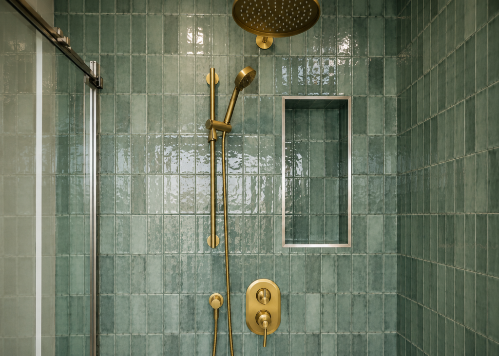 Custom walk-in shower with glass enclosure in a DBK bathroom renovation